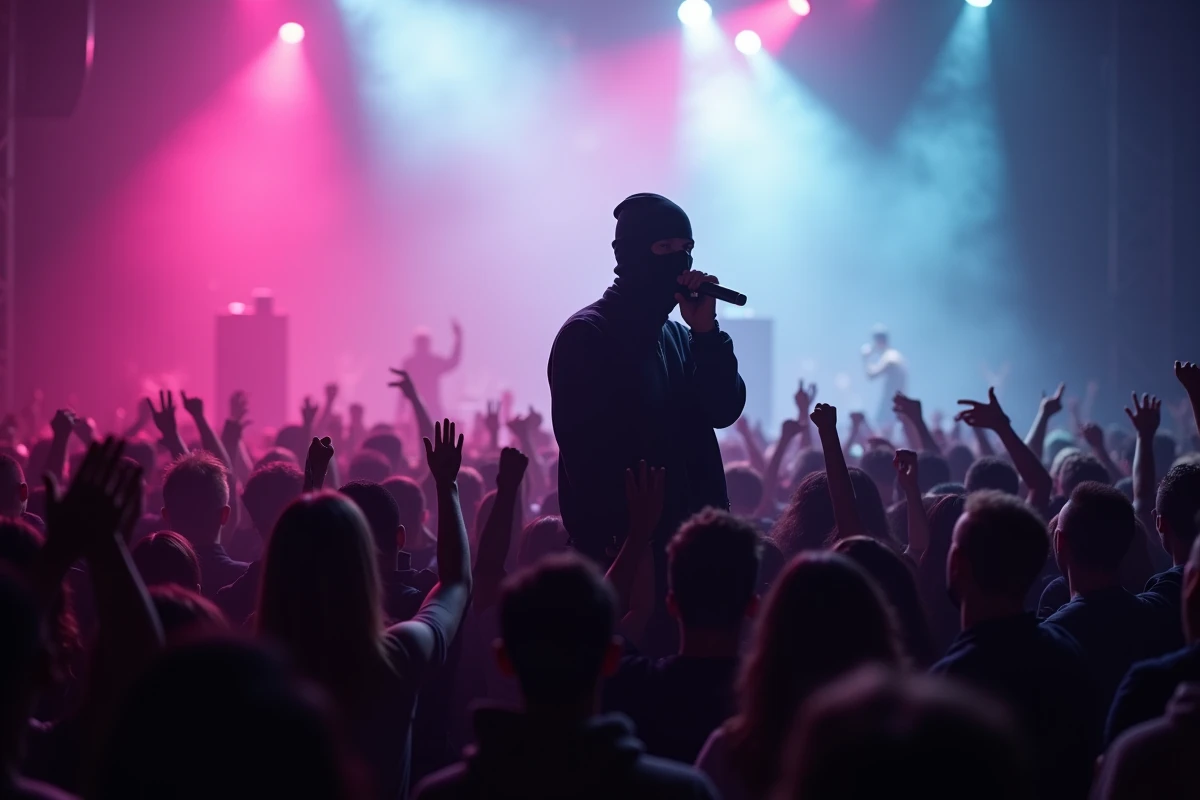 Rappeur masqué sur scène face à une foule en délire lors d'un concert, illustrant la montée en puissance fulgurante de Ziak