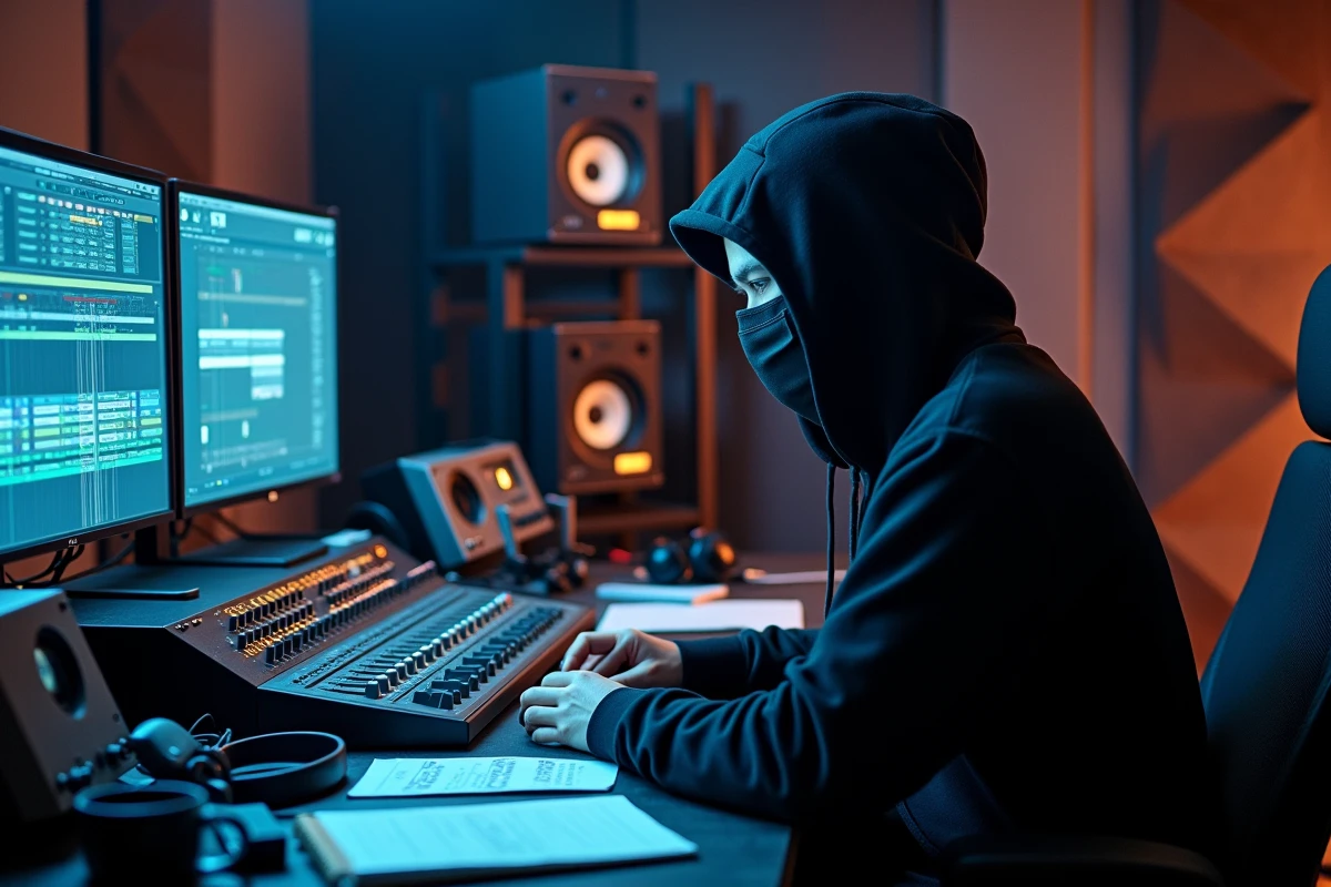 Figure masquée en studio d'enregistrement devant une console de mixage professionnelle, évoquant le travail discret du rappeur Ziak